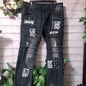 Bie Pa Paris Distressed Black Jeans with Studs and Patchwork 38